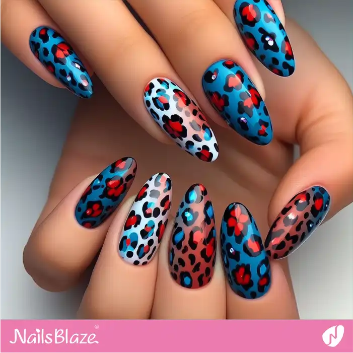 Blue and Red Leopard Print Nail Design | Animal Print Nails - NB2616